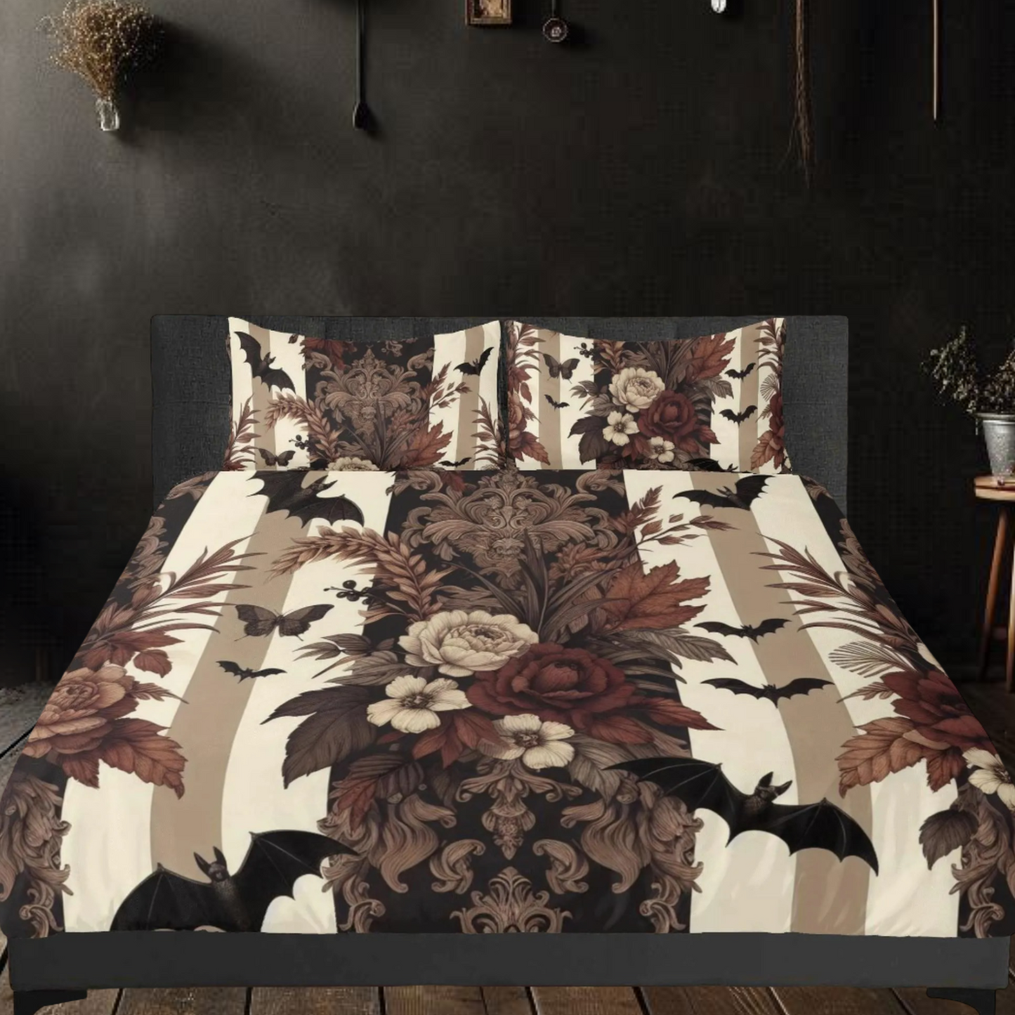 Autumn Florals Stripes and Bats Three Piece Bedding Set