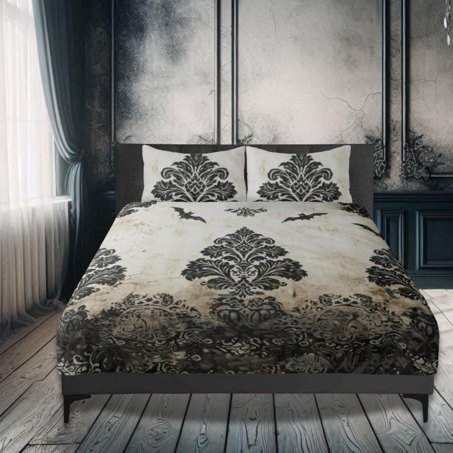 Faded Vintage Damask With Bats Three Piece Bedding Set