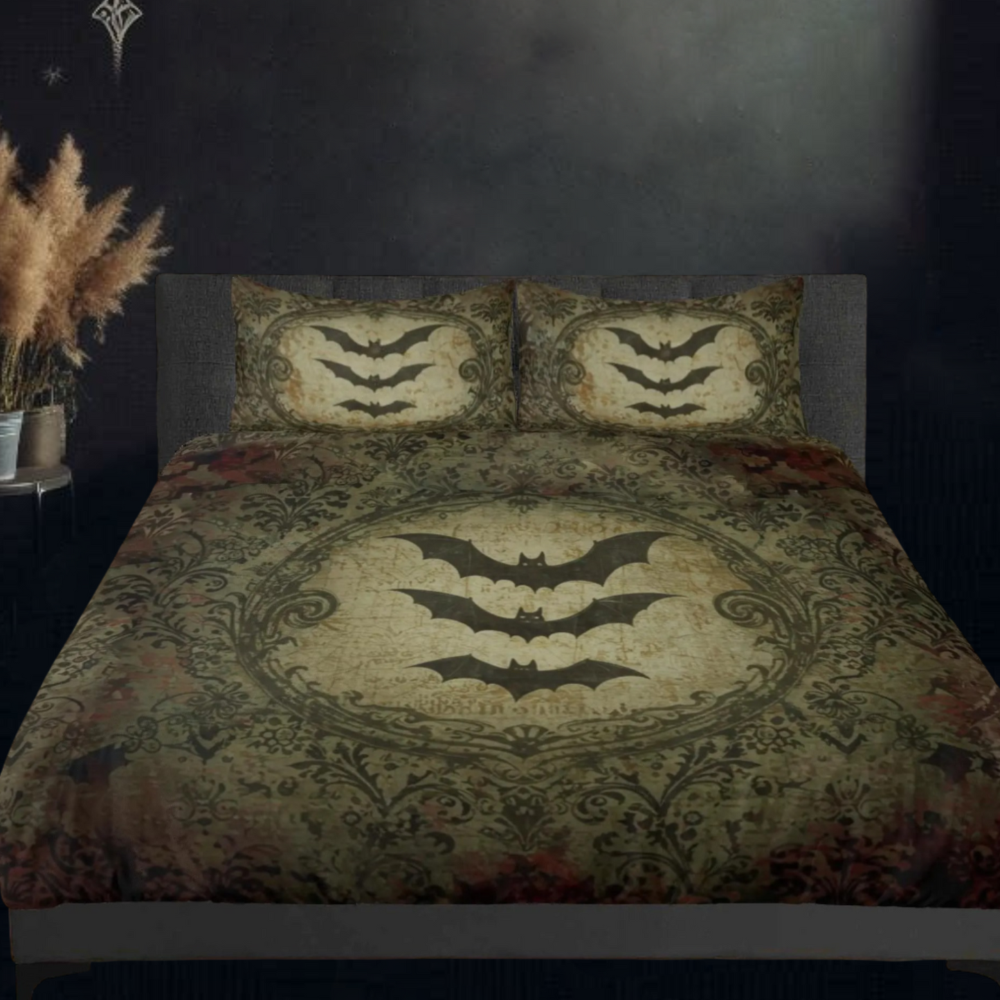 Bats and Damask Baroque Vintage Inspired Three Piece Bedding Set