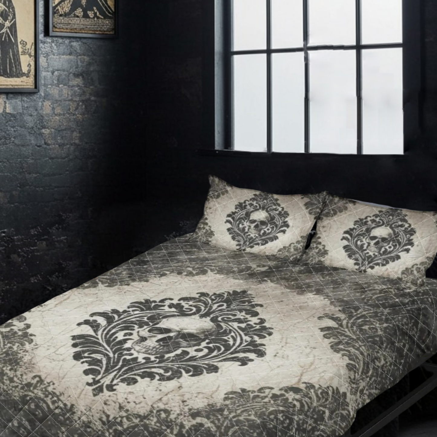 Vintage Damask With Skull Quilt Bedding Set