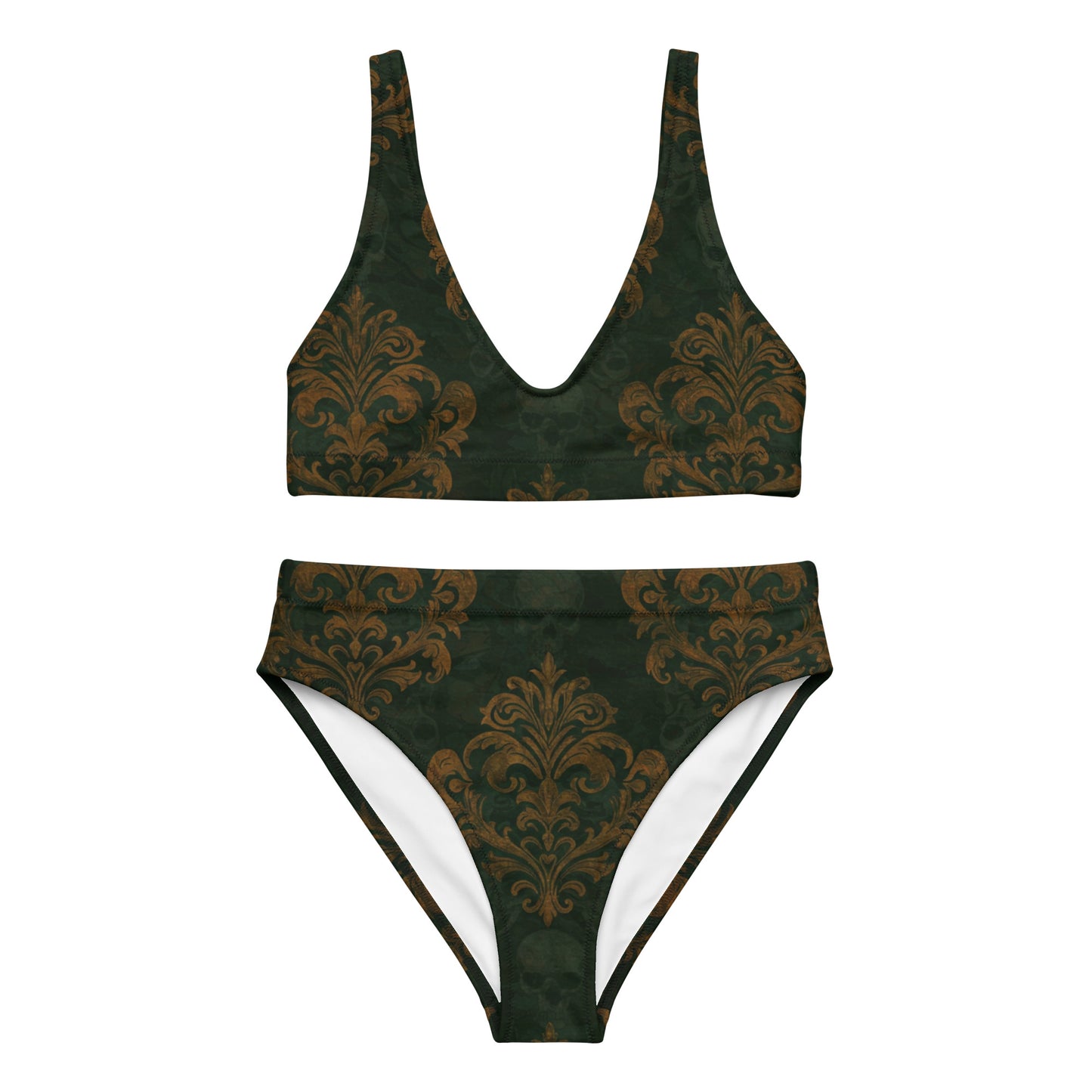 gothic summerween bikini green background hidden skulls and gold damask