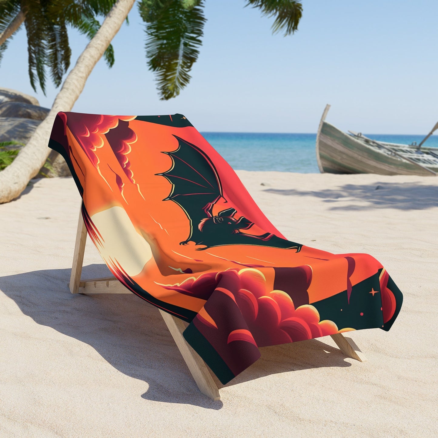 Bat Flying Over Tropical Beach at Sunset Beach TowelHome DecorVTZdesigns30" ร 60"14ozbatBath