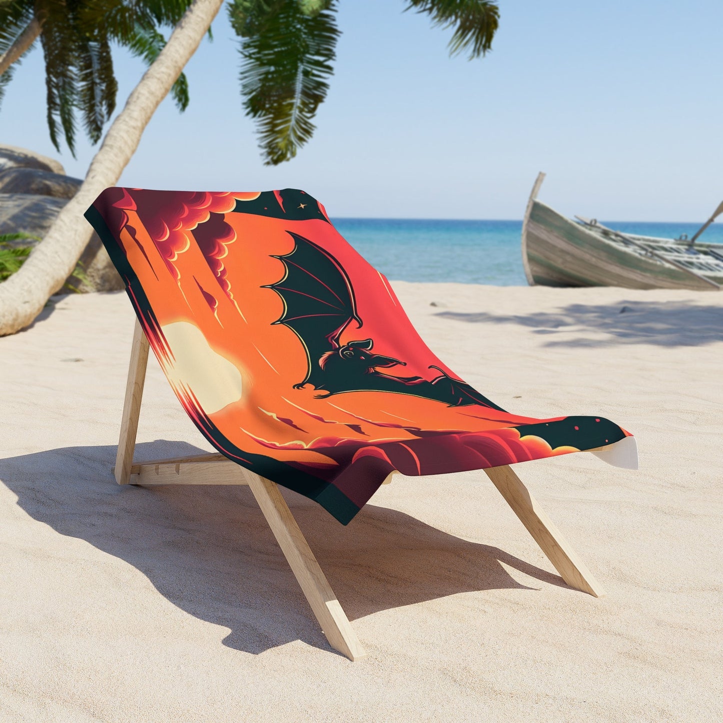 Bat Flying Over Tropical Beach at Sunset Beach TowelHome DecorVTZdesigns30" ร 60"14ozbatBath