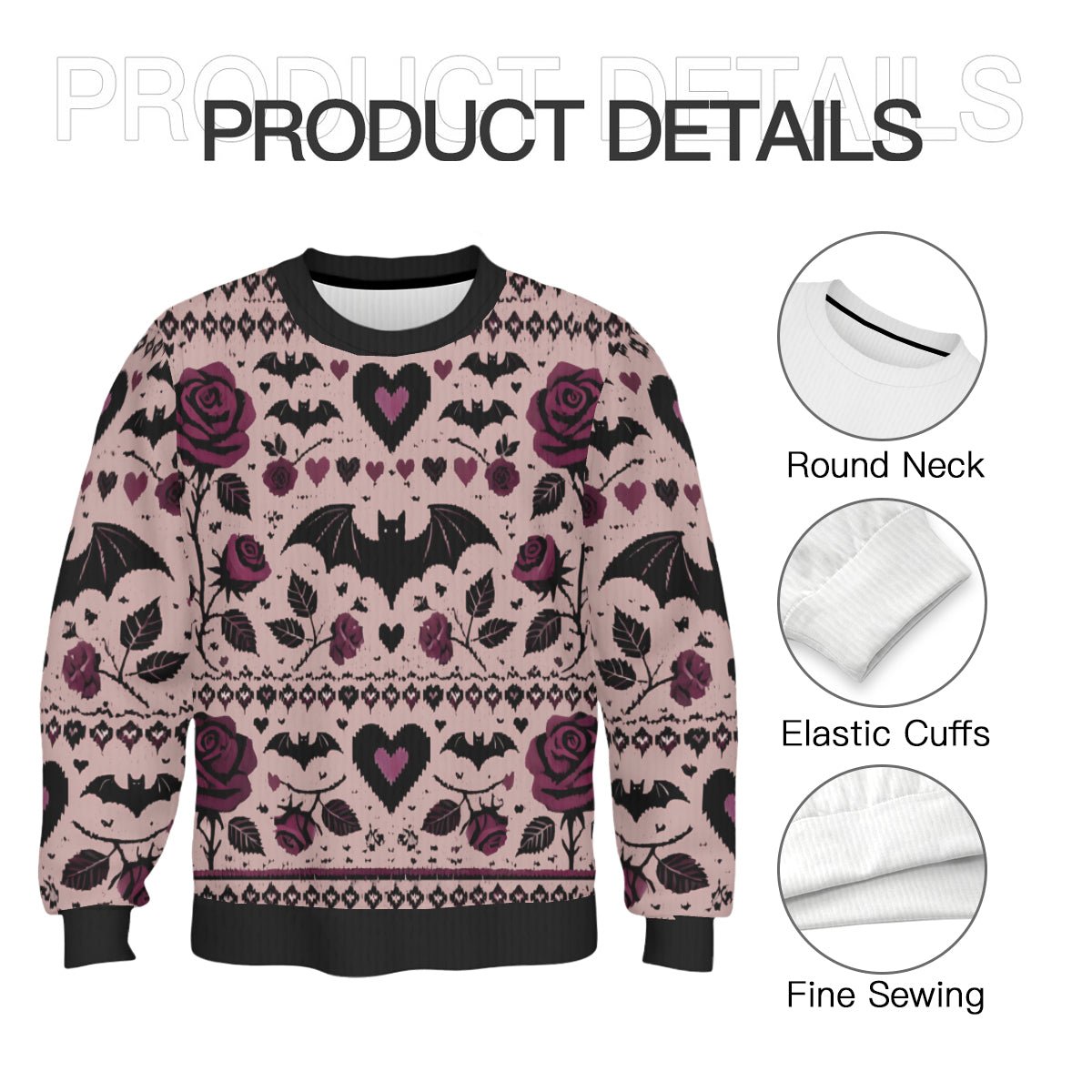 Bats Hearts and Roses Valentine's Day SweaterSweatshirtVTZdesignsWhiteSclothinggothic valentinepullover sweater
