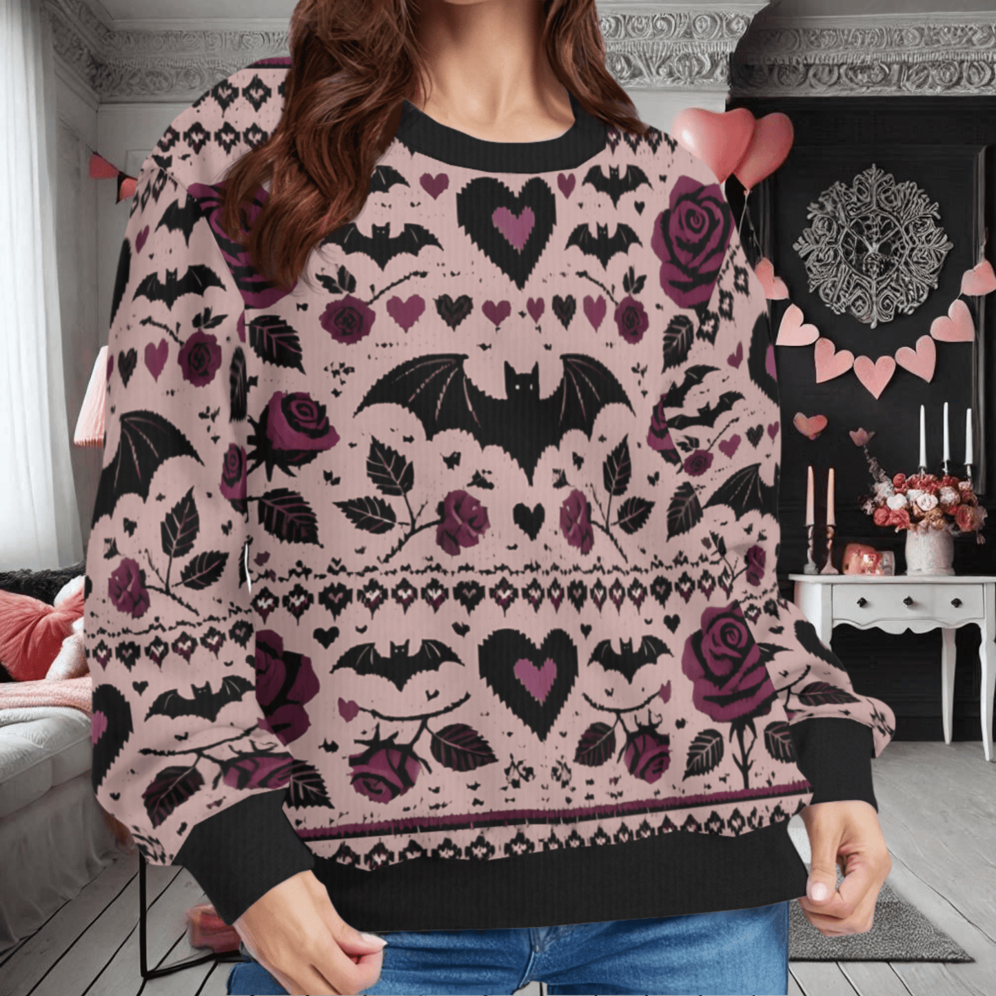 Bats Hearts and Roses Valentine's Day SweaterSweatshirtVTZdesignsWhiteSclothinggothic valentinepullover sweater