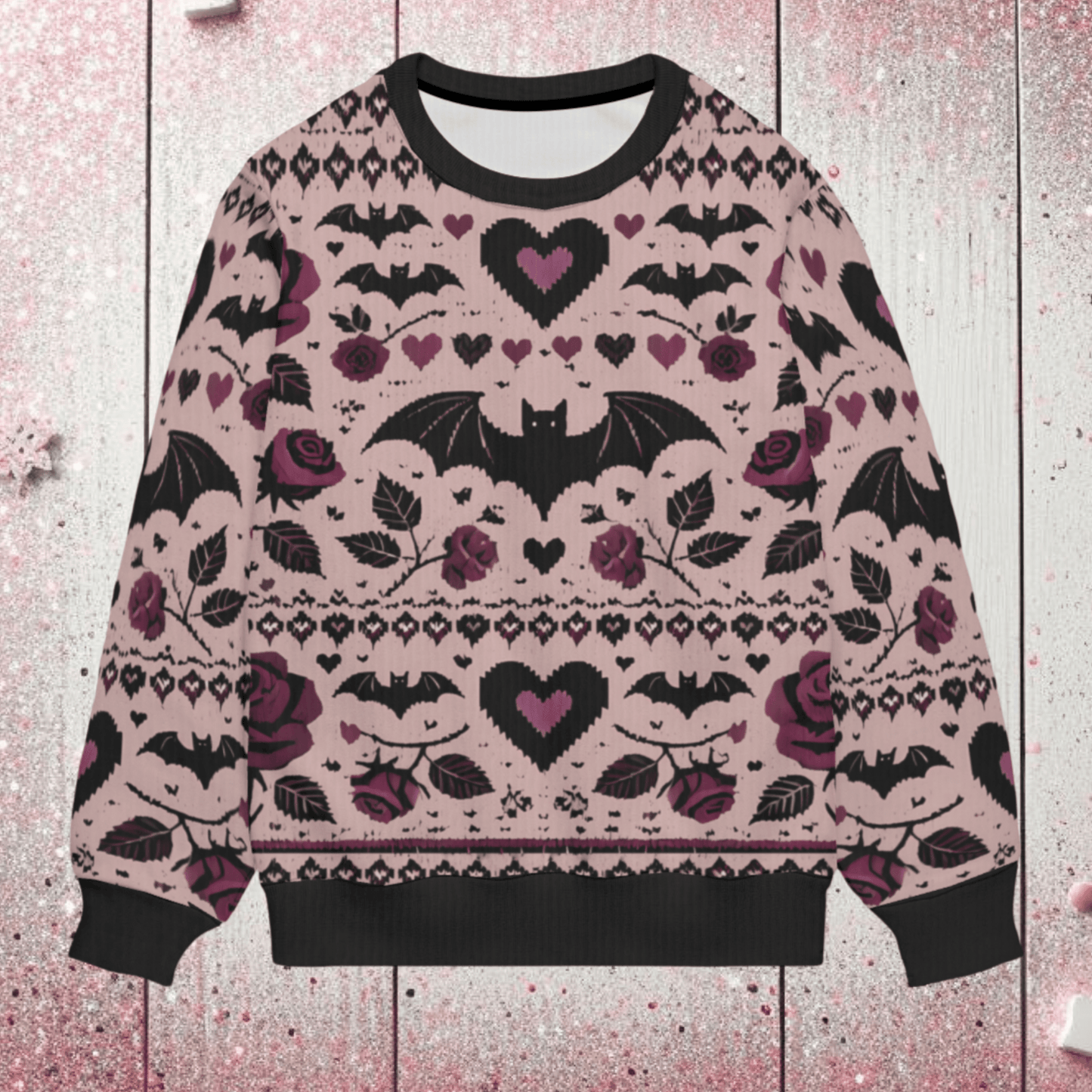 Bats Hearts and Roses Valentine's Day SweaterSweatshirtVTZdesignsWhiteSclothinggothic valentinepullover sweater