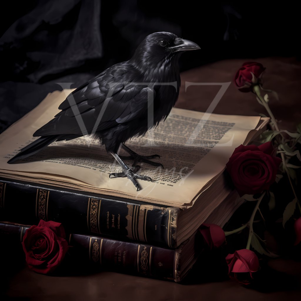 Crow On Books with Roses PosterVTZdesigns5″×7″Art & Wall Decorbook stackcrows