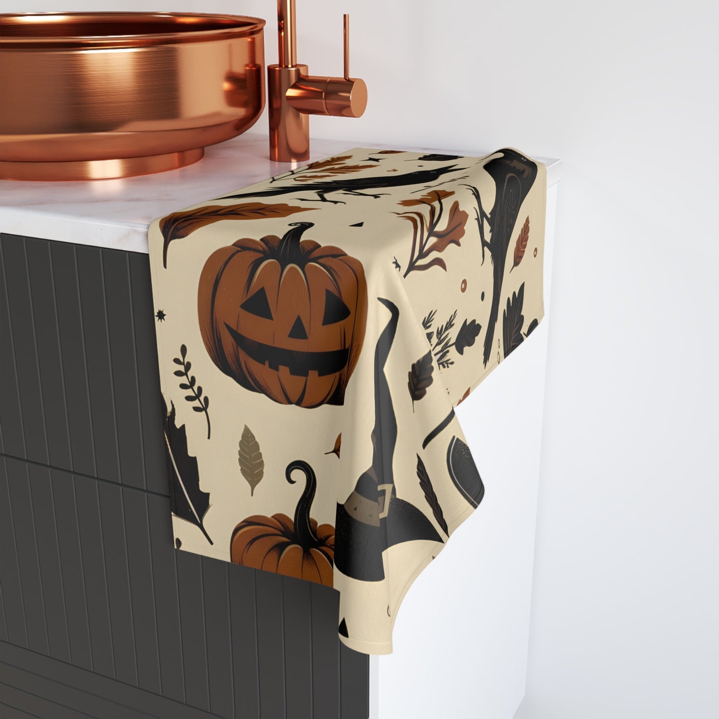 Ravens Pumpkins and Witch Hats Hand Towel