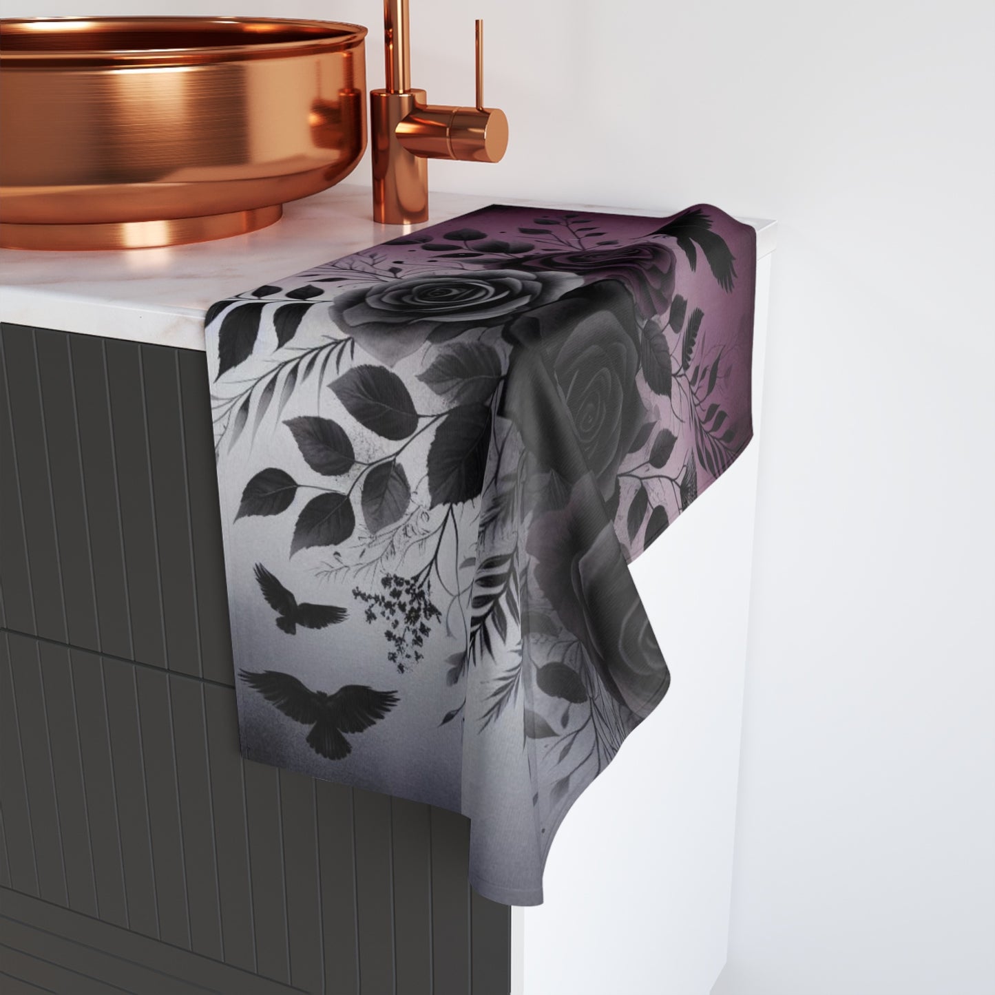 Purple and Gray Ravens and Roses Hand Towel