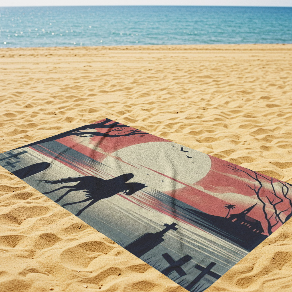 Headless Horseman Walking Along Tropical Beach Towel