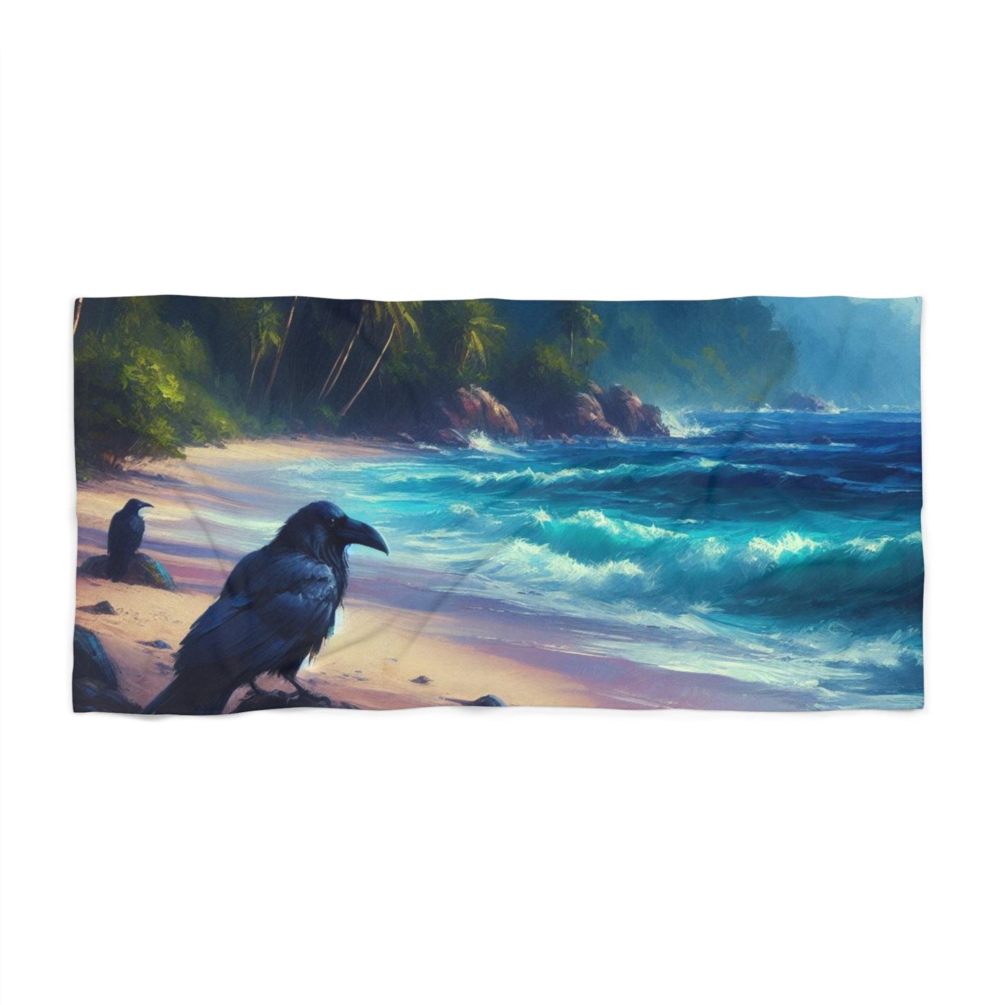 Ravens On Tropical Beach Beach TowelHome DecorVTZdesigns36" ร 72"14ozBathBathroom