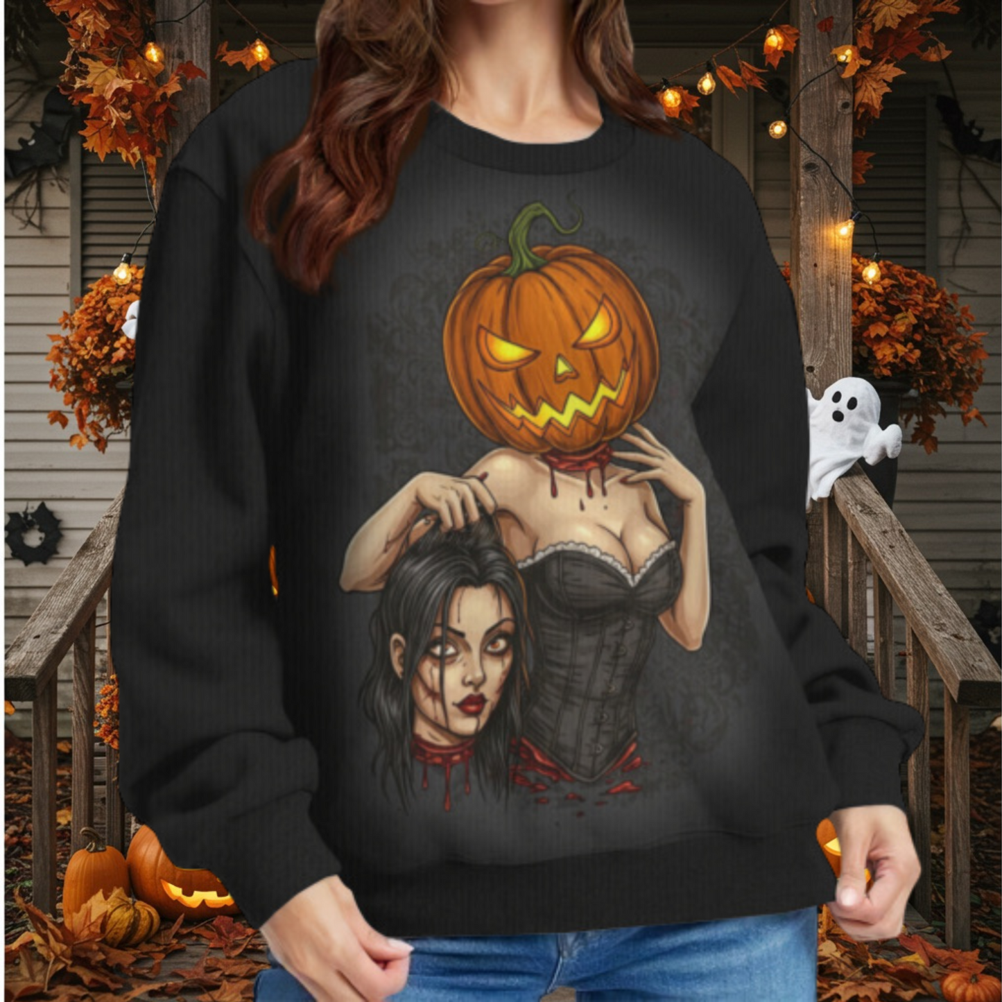 Pumpkin Head Pinup Girl Sweater