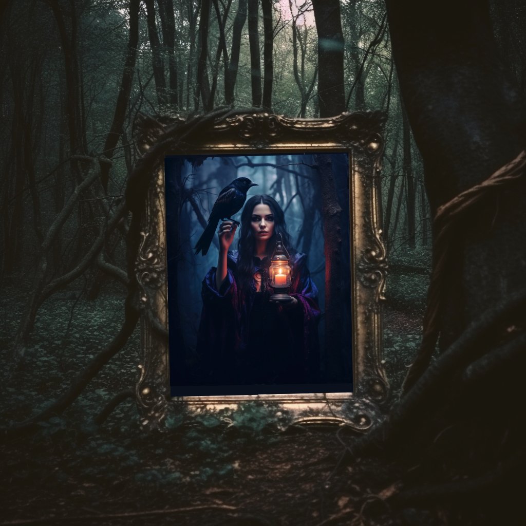 Witch Holding a Crow and a Lantern in Forest PosterHome DecorVTZdesigns5″×7″academiaArt & Wall Decorcrow