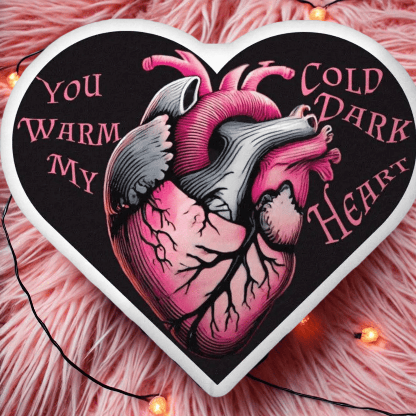 You Warm My Cold Dark Heart Pillowthrow pillowVTZdesigns10″×10″anatomical heartBeddinggoth