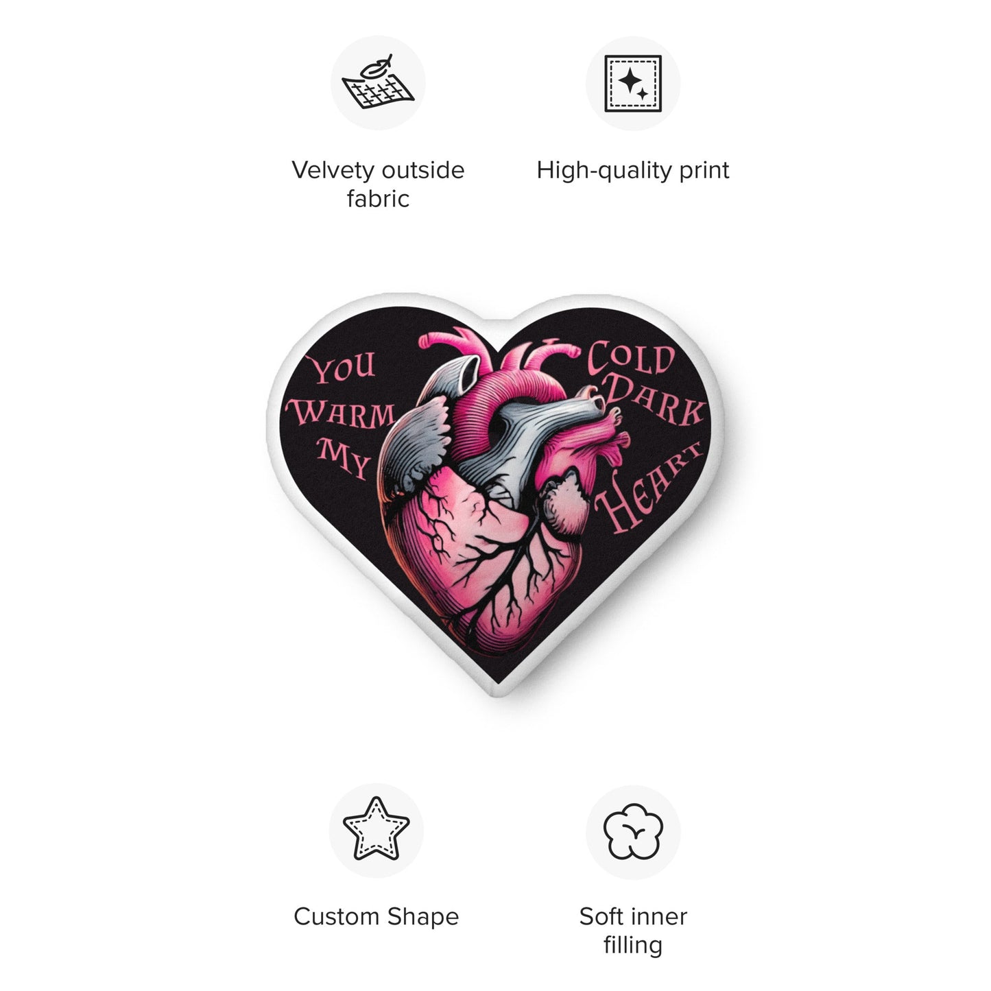 You Warm My Cold Dark Heart Pillowthrow pillowVTZdesigns22″×22″anatomical heartBeddinggoth