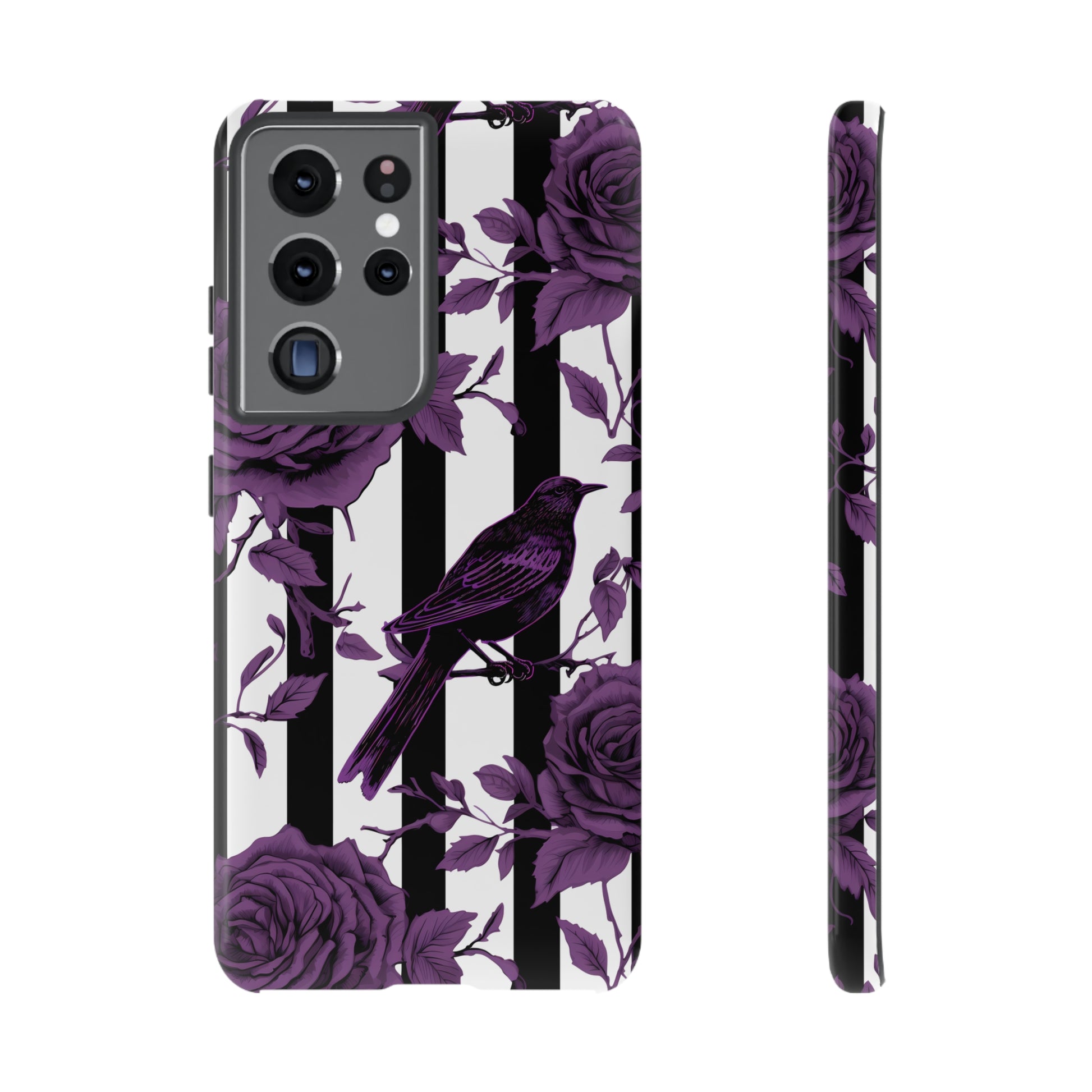 Striped Crows and Roses Tough Cases for iPhone Samsung Google PhonesPhone CaseVTZdesignsSamsung Galaxy S21 UltraGlossyAccessoriescrowsGlossy