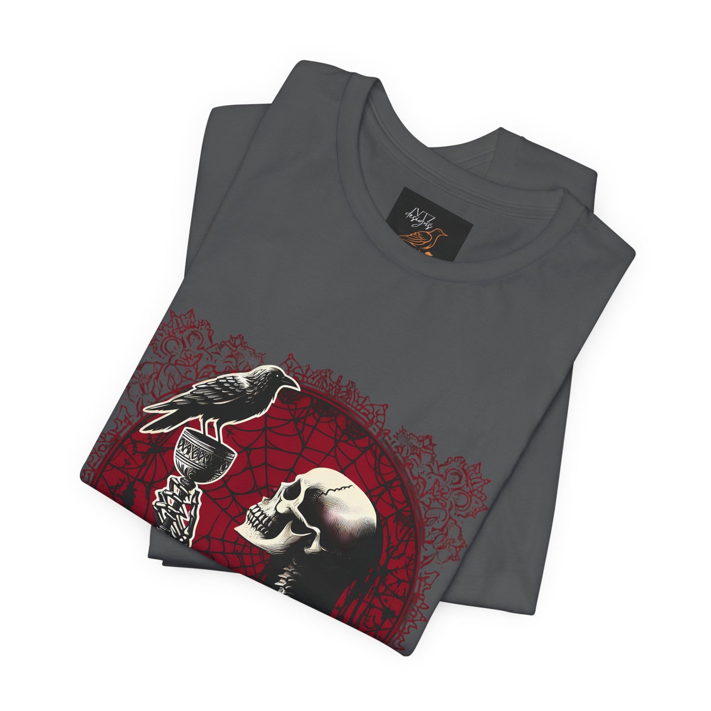 Skeleton Holding Up Goblet With Raven Short Sleeve Tee Shirt