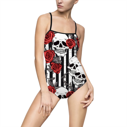 Stripes Skulls and Roses One Piece Swimsuit