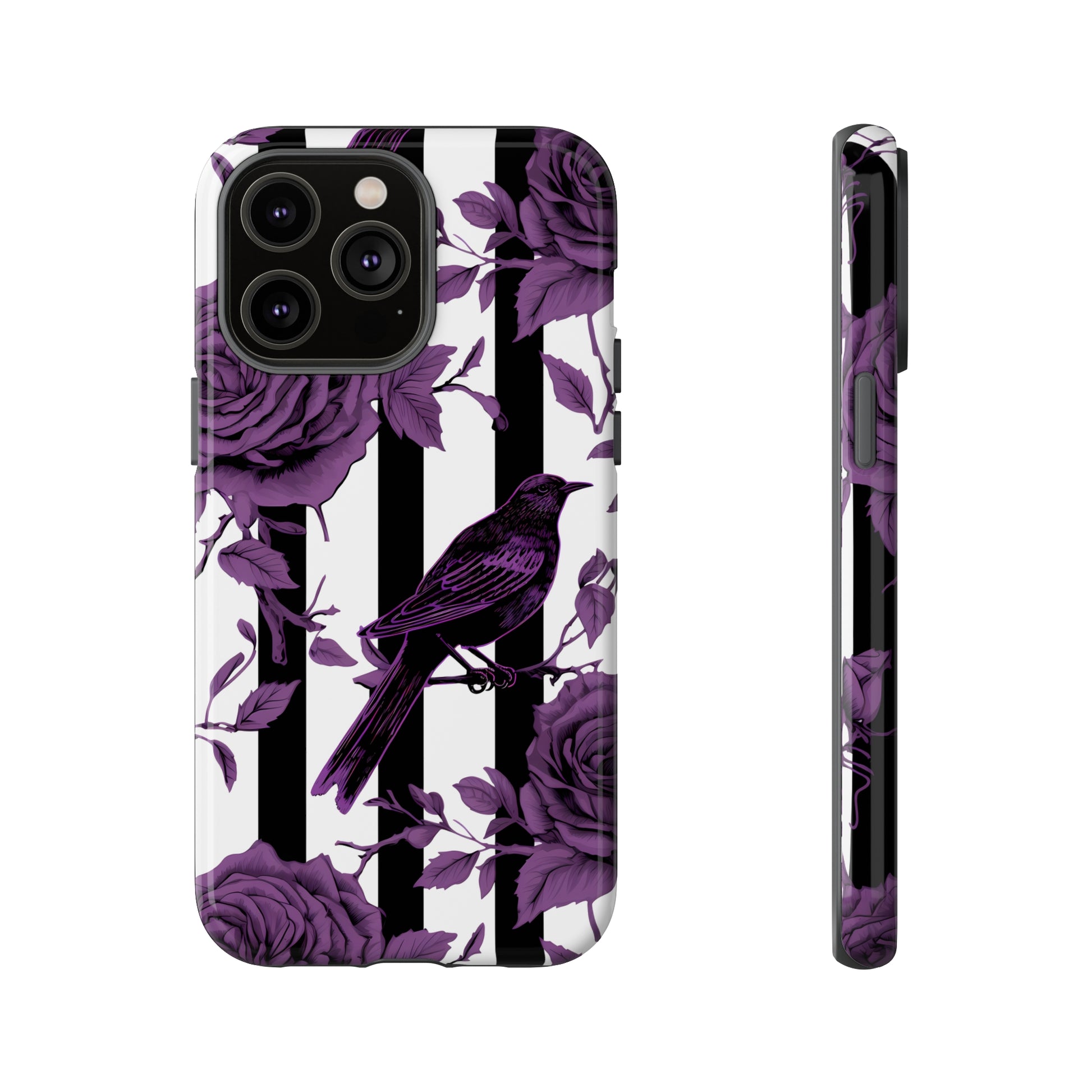 Striped Crows and Roses Tough Cases for iPhone Samsung Google PhonesPhone CaseVTZdesignsiPhone 14 Pro MaxGlossyAccessoriescrowsGlossy
