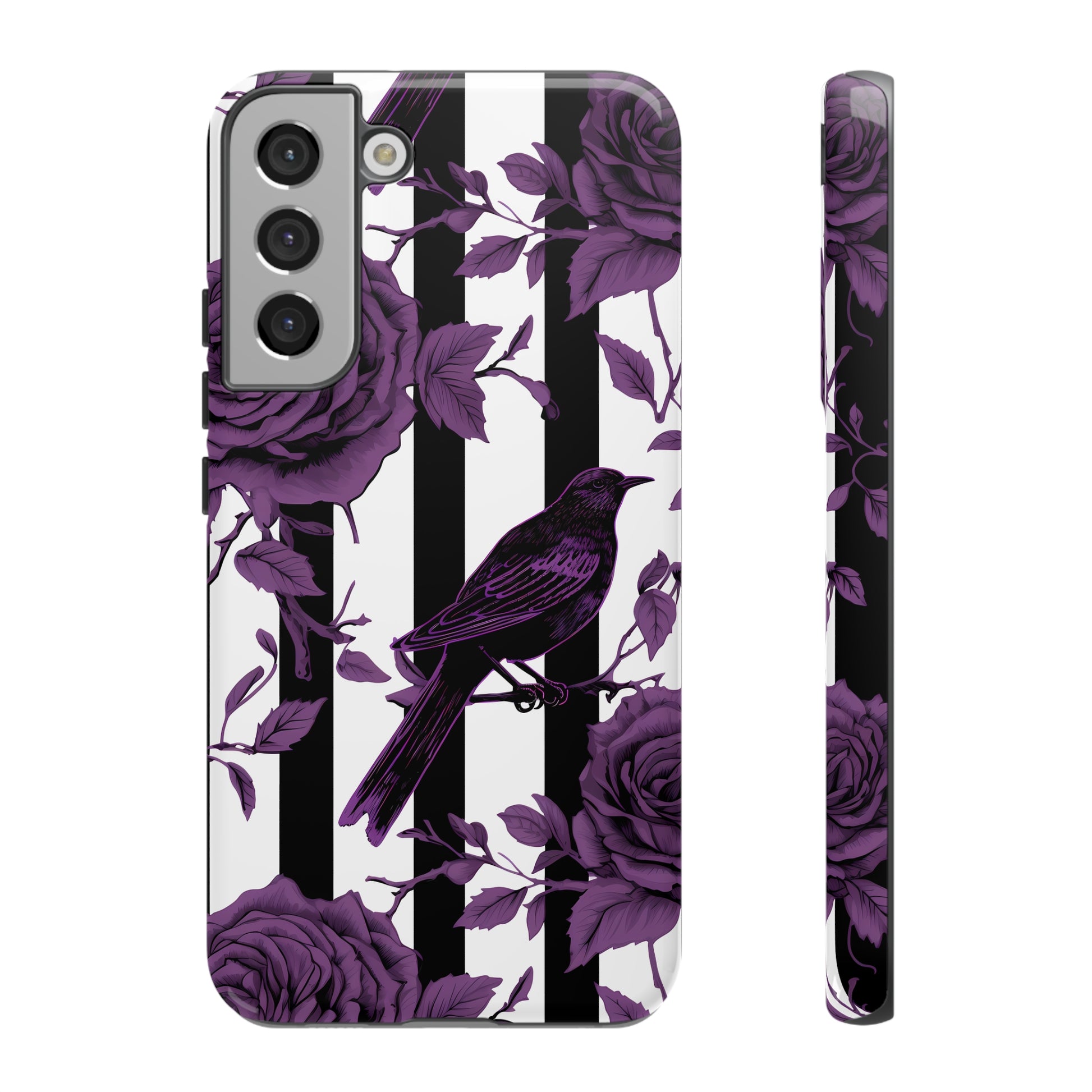 Striped Crows and Roses Tough Cases for iPhone Samsung Google PhonesPhone CaseVTZdesignsSamsung Galaxy S22 PlusGlossyAccessoriescrowsGlossy