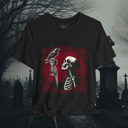 Skeleton Holding Up Goblet With Raven Short Sleeve Tee Shirt