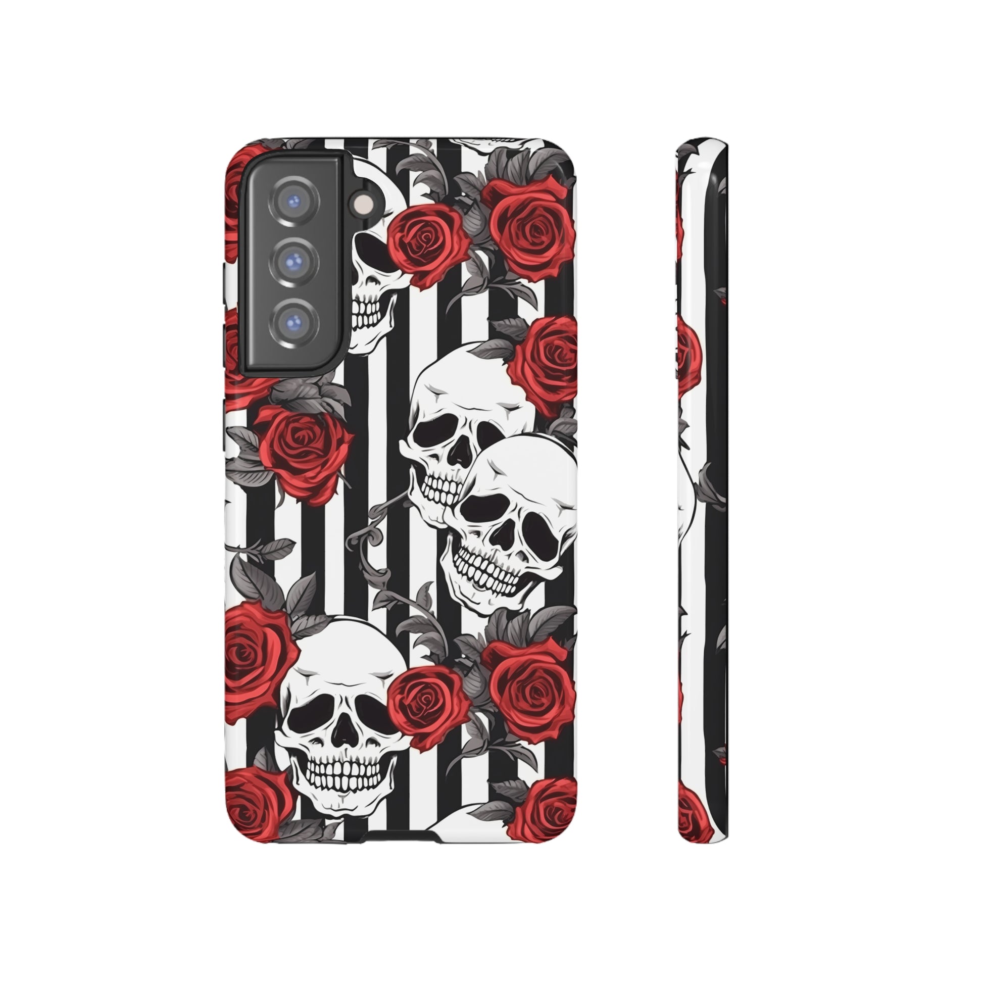 Striped Skulls and Roses Tough Case for iPhone Samsung Google PhonePhone CaseVTZdesignsSamsung Galaxy S21 FEGlossyAccessoriesGlossygothic