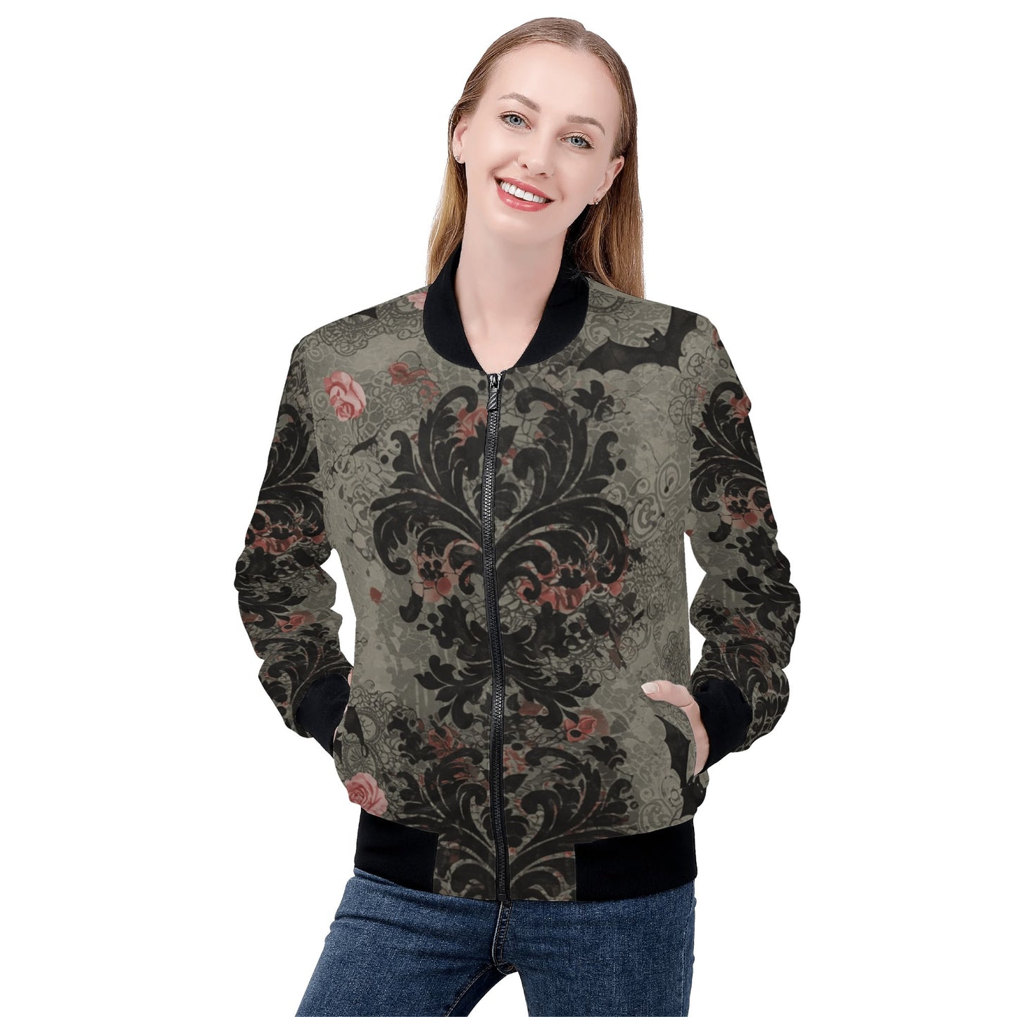 Damask Roses and Bats Zip Up Bomber Jacket