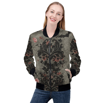 Damask Roses and Bats Zip Up Bomber Jacket
