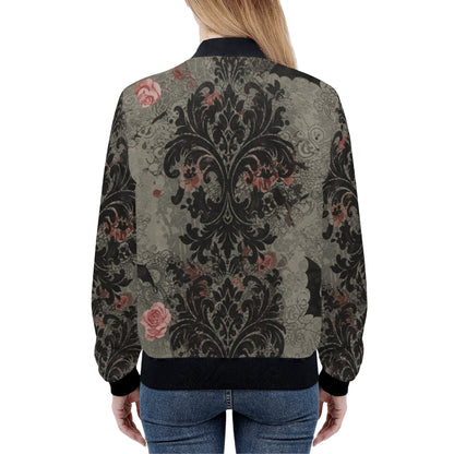 Damask Roses and Bats Zip Up Bomber Jacket