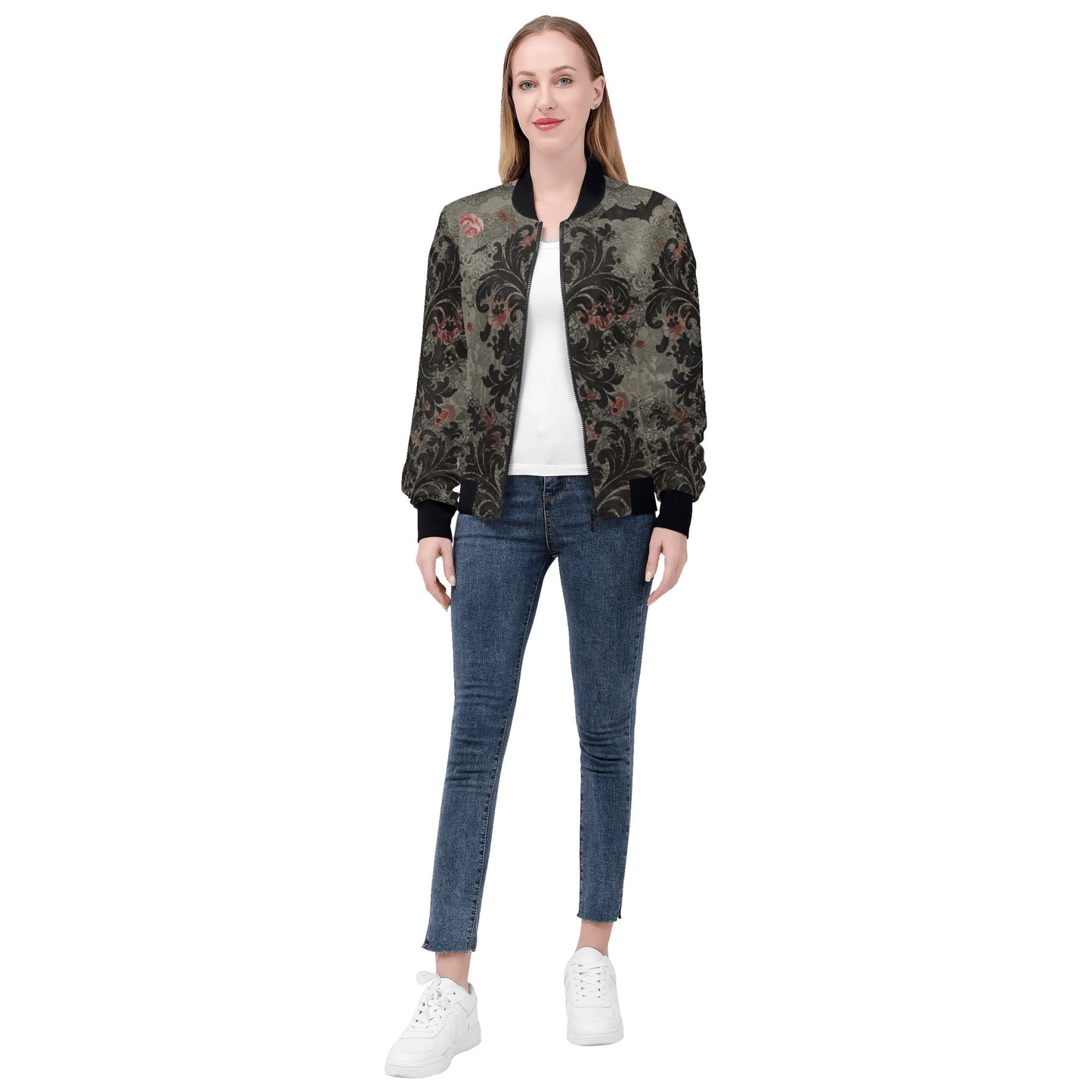 Damask Roses and Bats Zip Up Bomber Jacket