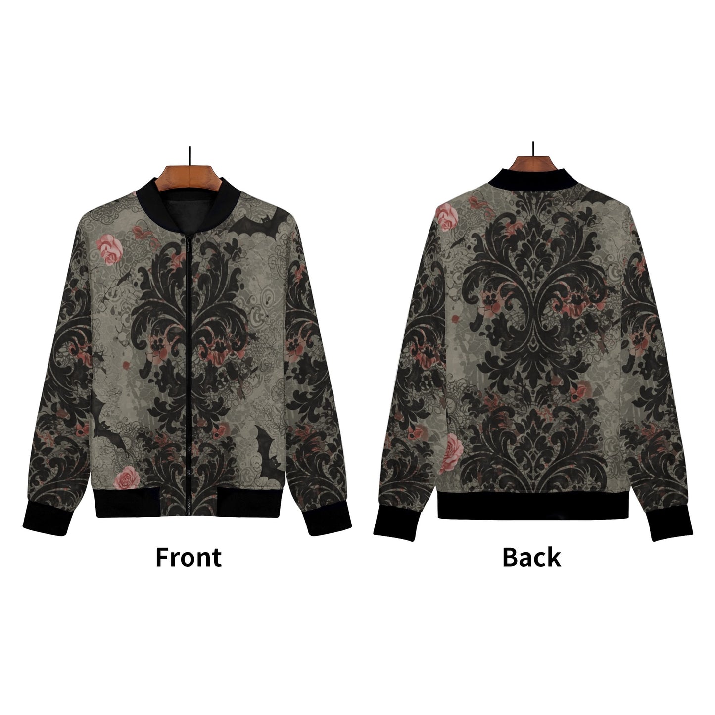 Damask Roses and Bats Zip Up Bomber Jacket