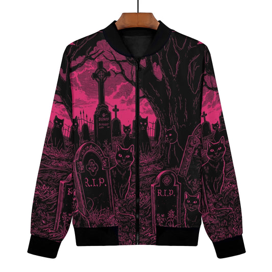 Pink and Black Cats in Graveyard Zip Up Bomber Jacket