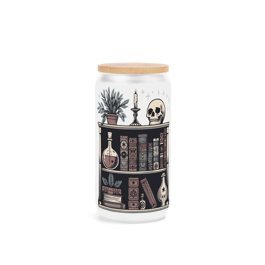 Witchy Bookshelf Frosted Glass Tumbler with Lid