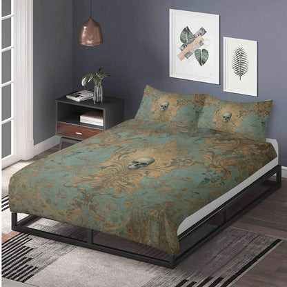 Skulls and Damask Baroque Vintage Inspired Three Piece Bedding Set