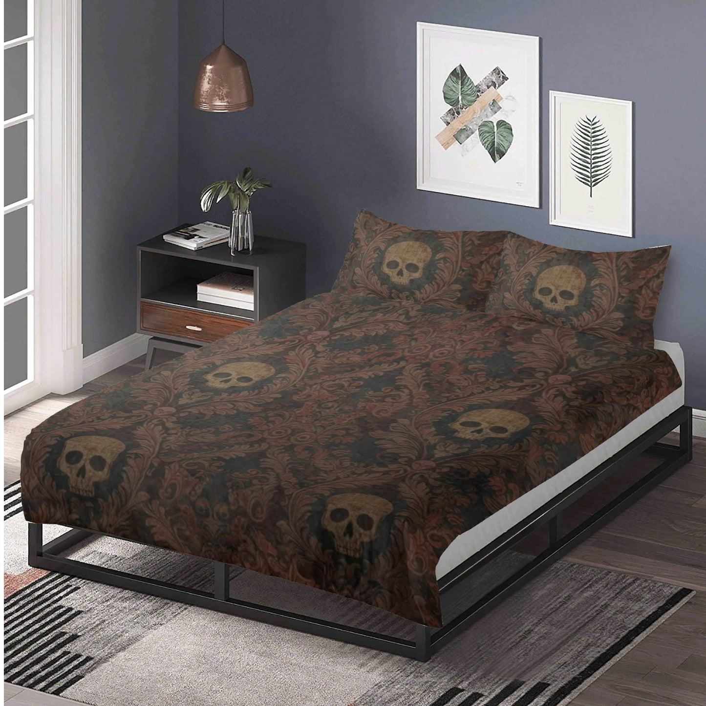 Skulls and Damask Baroque Three Piece Bedding Set