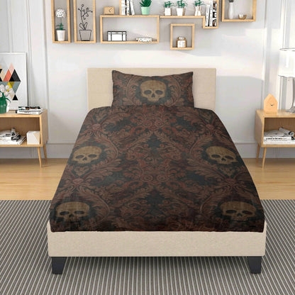 Skulls and Damask Baroque Three Piece Bedding Set