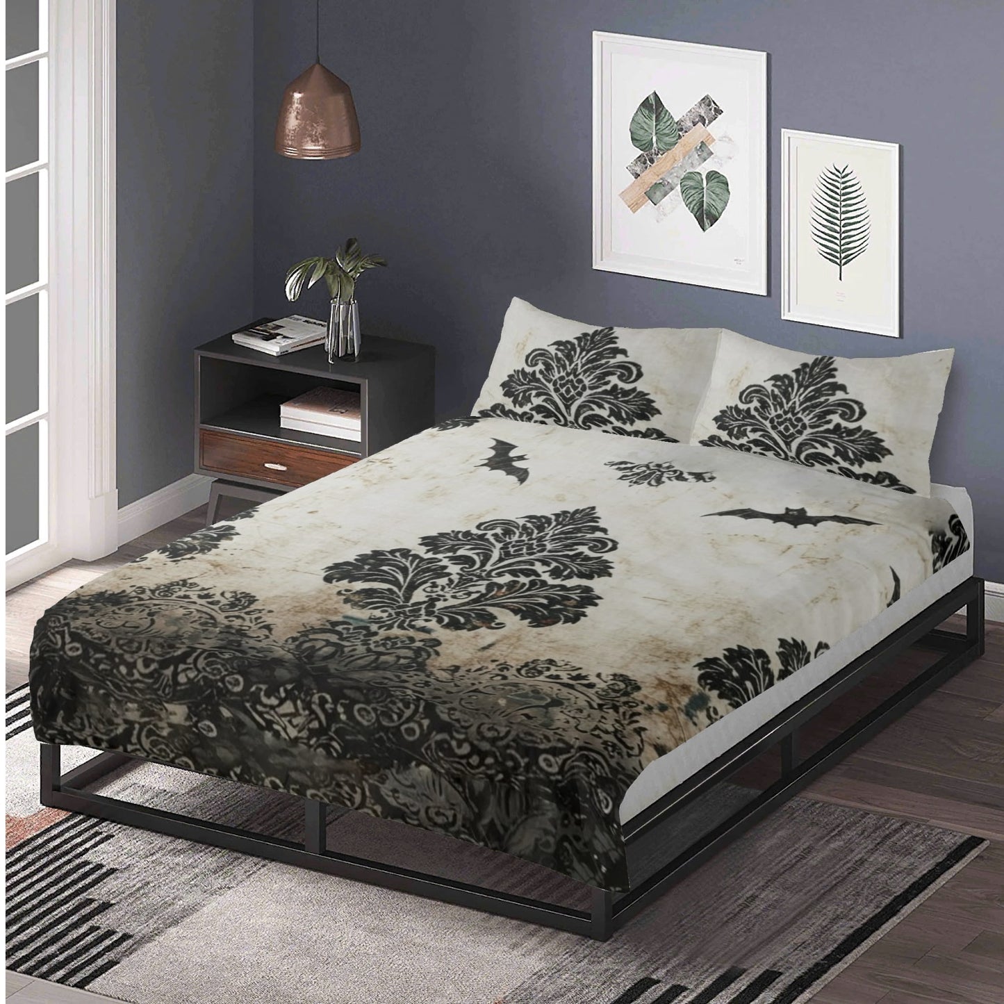 Faded Vintage Damask With Bats Three Piece Bedding Set