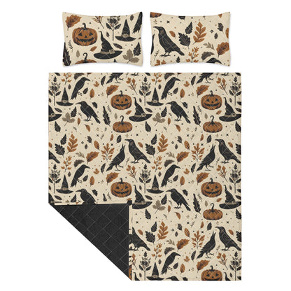 Ravens Pumpkins and Witch Hats Quilt Bedding Set