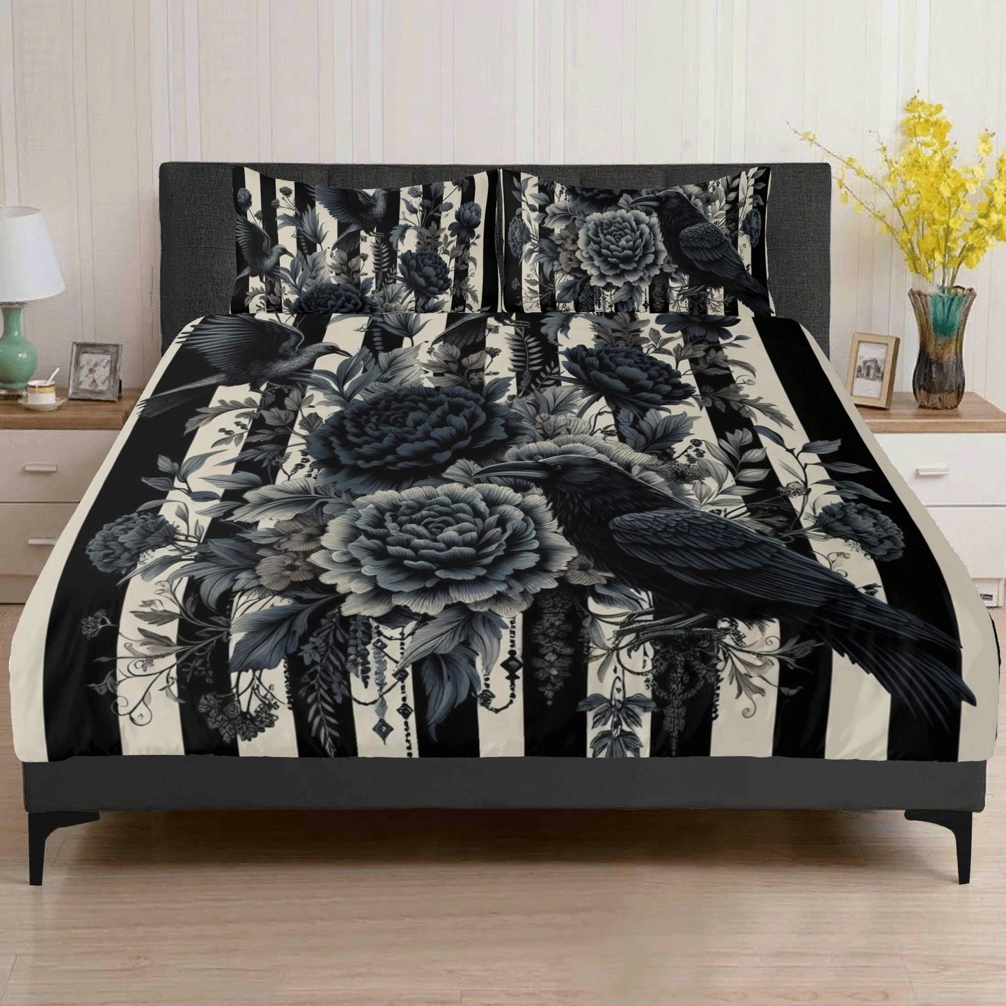 Stripes Ravens and Roses Three Piece Bedding Set