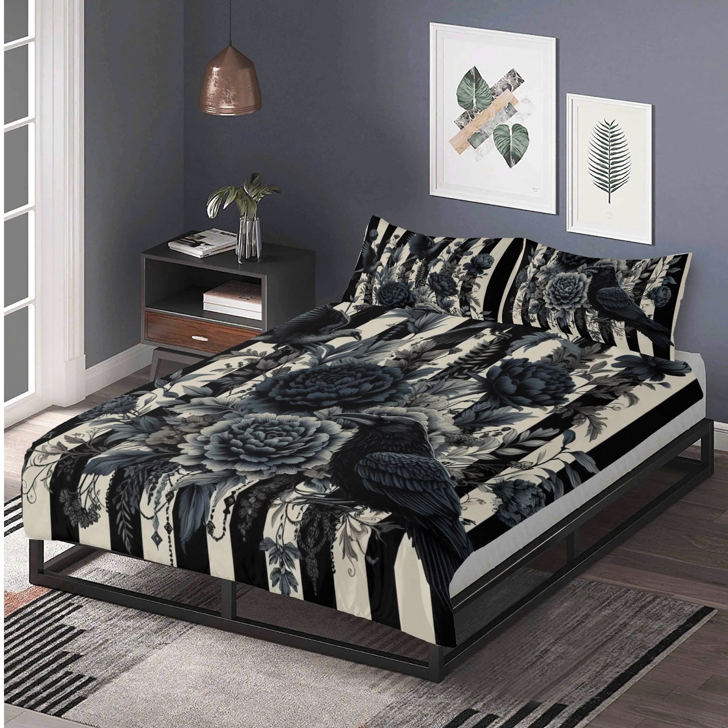 Stripes Ravens and Roses Three Piece Bedding Set