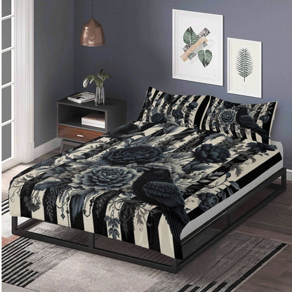 Stripes Ravens and Roses Three Piece Bedding Set