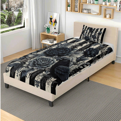 Stripes Ravens and Roses Three Piece Bedding Set
