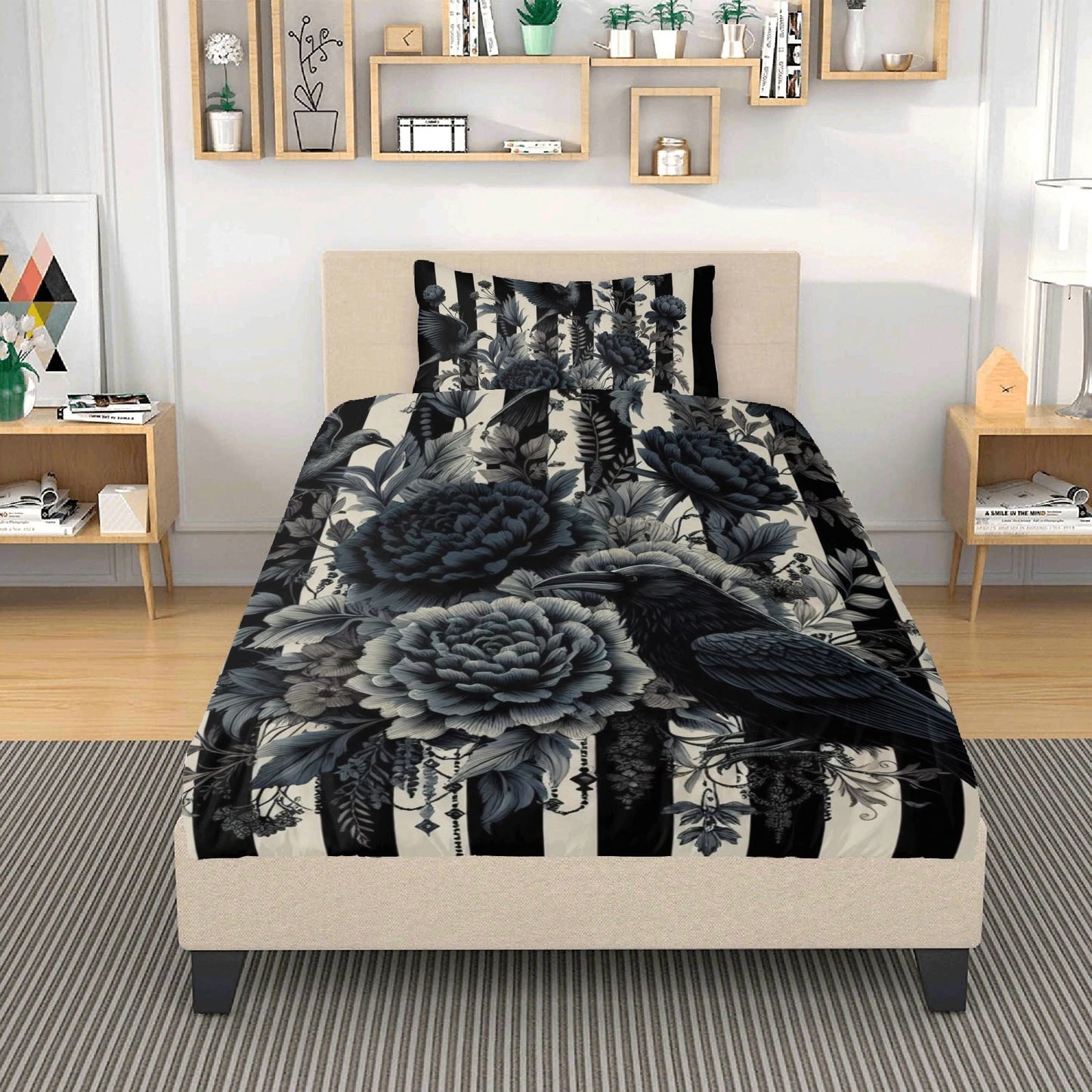Stripes Ravens and Roses Three Piece Bedding Set