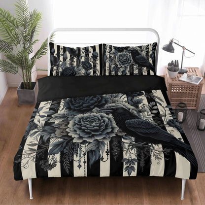 Stripes Ravens and Roses Three Piece Bedding Set
