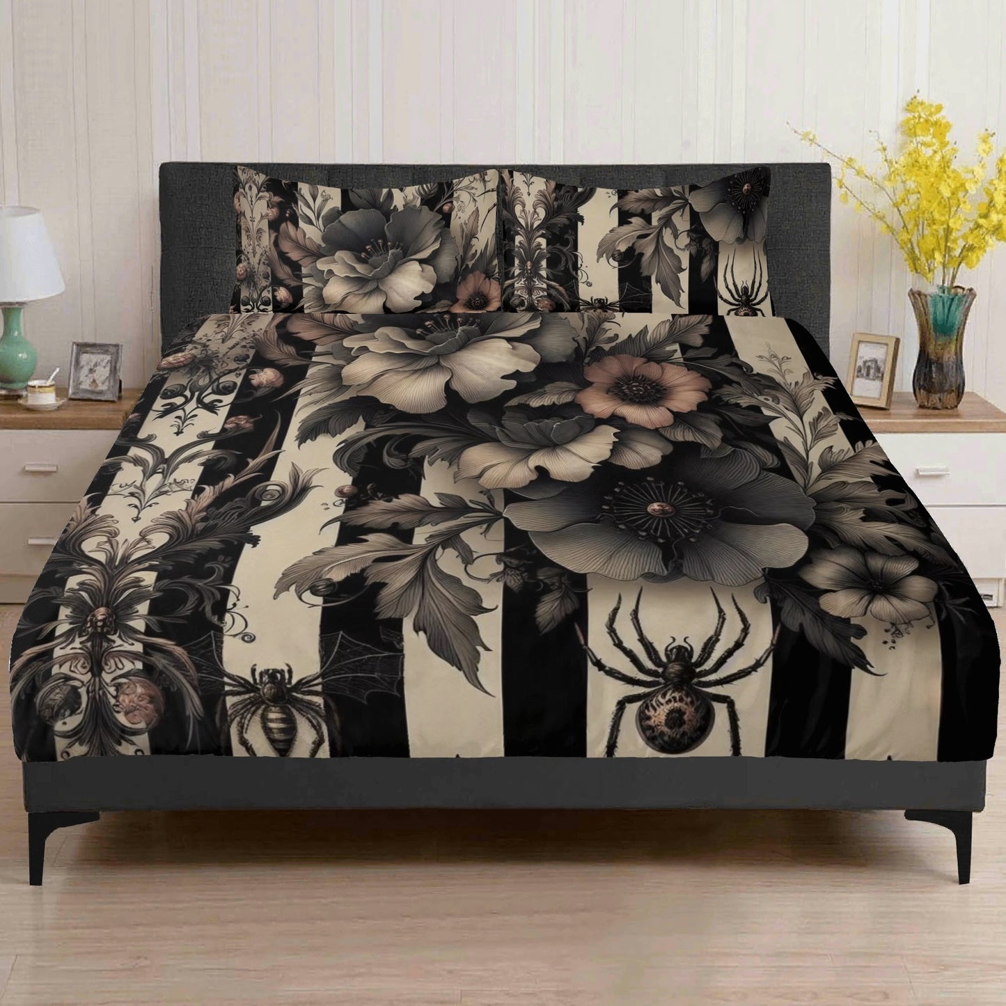 Florals Stripes and Spiders Three Piece Bedding Set