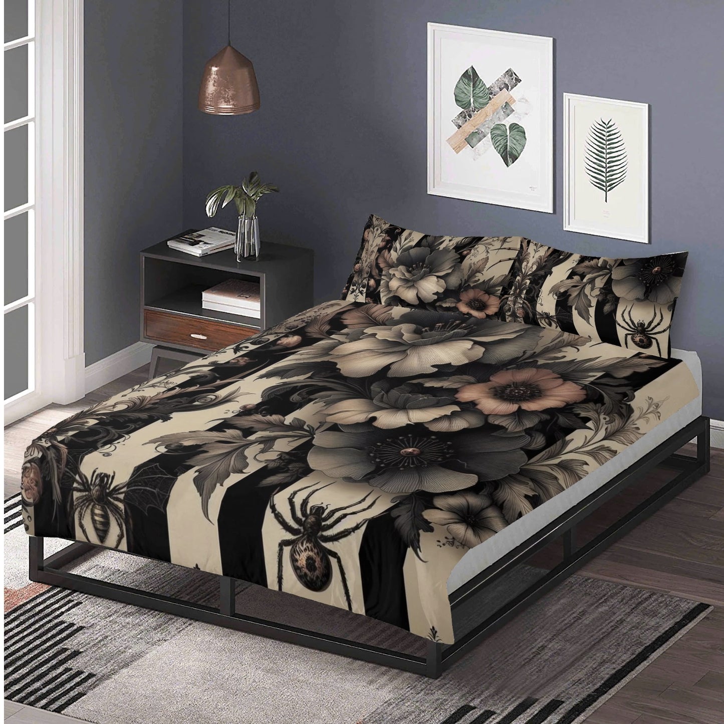 Florals Stripes and Spiders Three Piece Bedding Set