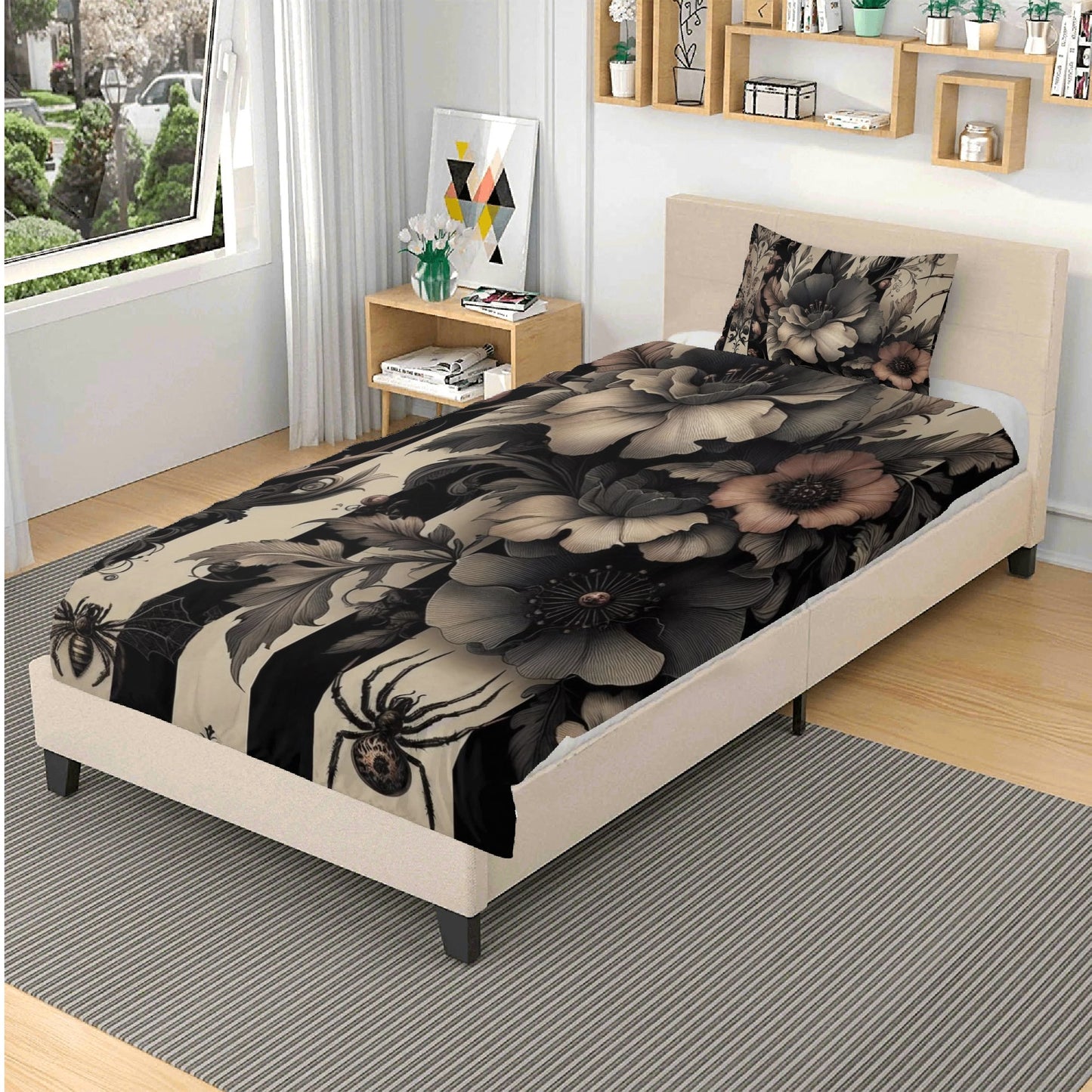 Florals Stripes and Spiders Three Piece Bedding Set