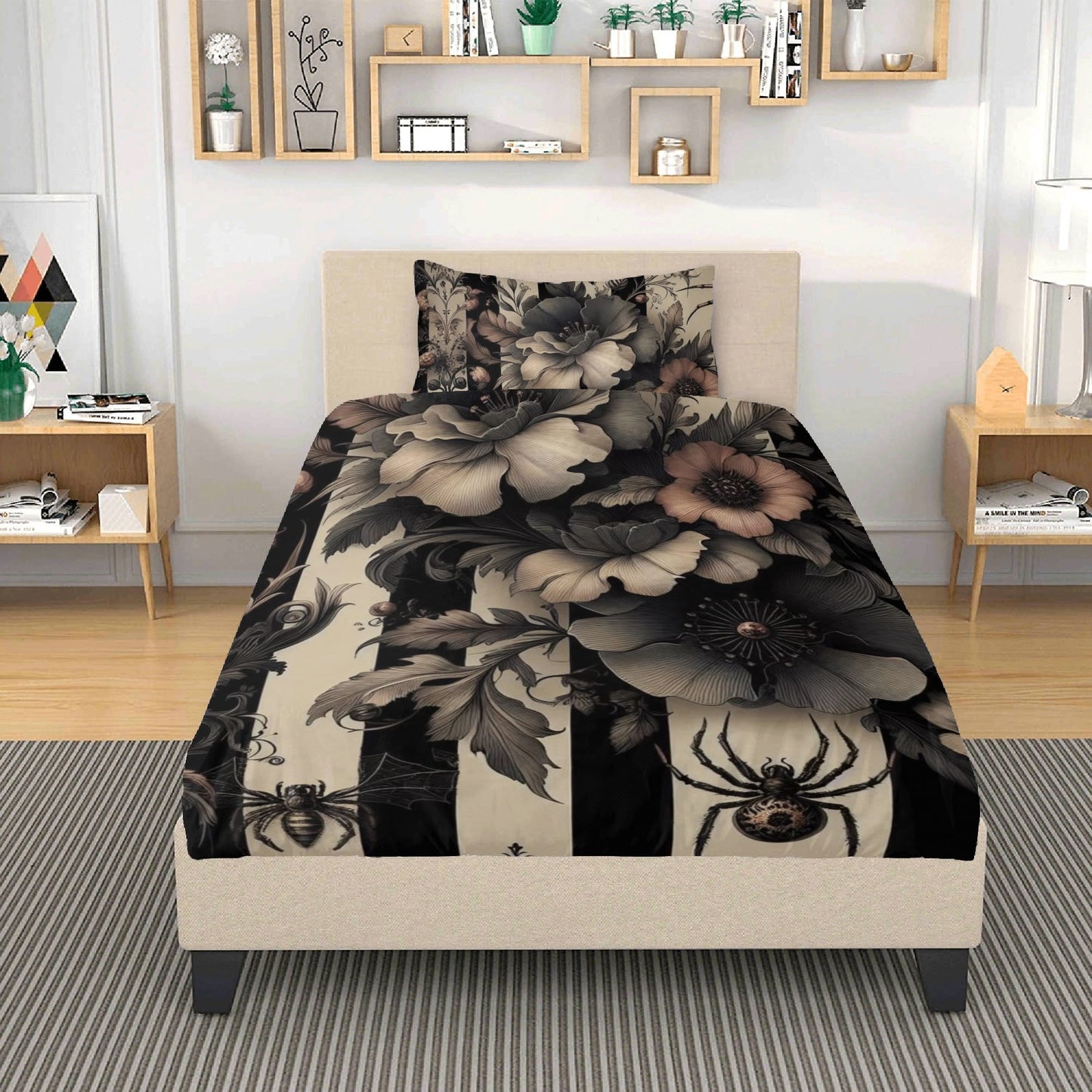 Florals Stripes and Spiders Three Piece Bedding Set