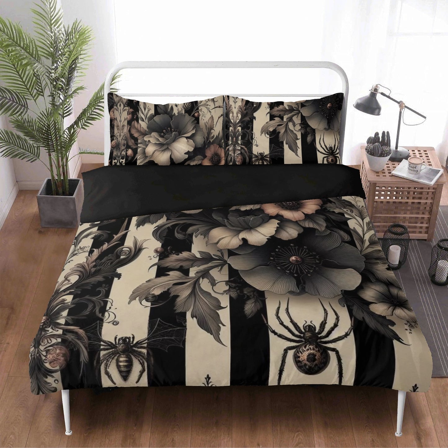 Florals Stripes and Spiders Three Piece Bedding Set
