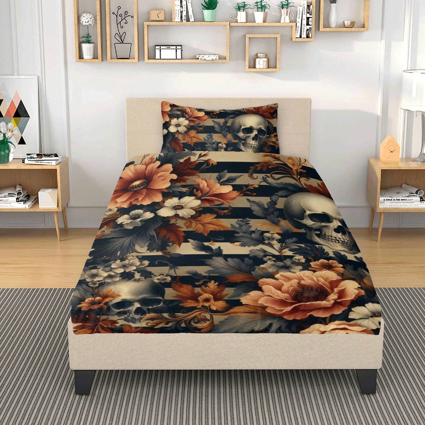 Floral Stripes and Skulls Three Piece Bedding Set